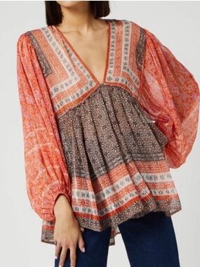 Free People Coral Orange Black Metallic Printed V-Neck Peasant Boho Tunic XL